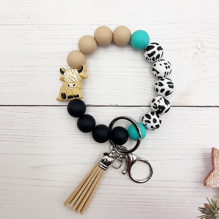 Wholesale Cartoon Small Animal Yak Silicone Beaded Bracelet Short Tassel Keychain